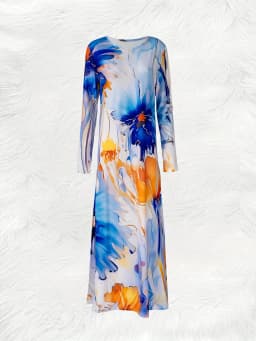 Spring Autumn Blue Orange White Floral Abstract Vacation Dress Elegant Long Sleeve A-Line Dress Women Casual Office Party