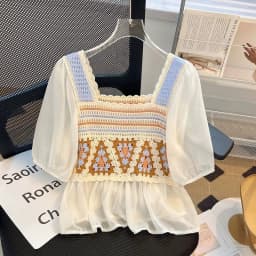 Women Crochet Blouse Granny Square Puff Sleeve Openwork Crop Tops Spring Summer 2026 Bohemian Vacation Cottagecore