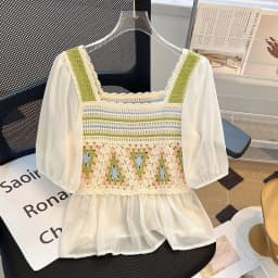 Women Crochet Blouse Granny Square Puff Sleeve Openwork Crop Tops Spring Summer 2026 Bohemian Vacation Cottagecore