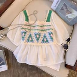 Women Crochet Blouse Granny Square Puff Sleeve Openwork Crop Tops Spring Summer 2026 Bohemian Vacation Cottagecore