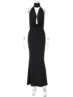 Hugcitar Elegant Halter V Neck Solid Backless Buttons Slit Sexy Bodycon Maxi Prom Dress Women Clothes Evening Party Festival