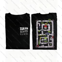 Fun and Tired Dad Club Printed T-Shirt Kid Play Cars on Dad Back Race Track Mat Short-sleeved Street Casual Fashion Top Clothing