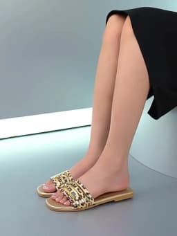 Women's Shoes, Ladies' Fashionable Slippers, Classic and Versatile, Metal-Decorated Square-Toe Flat Sandals, Leopard Print