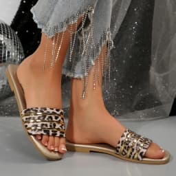 Women's Shoes, Ladies' Fashionable Slippers, Classic and Versatile, Metal-Decorated Square-Toe Flat Sandals, Leopard Print