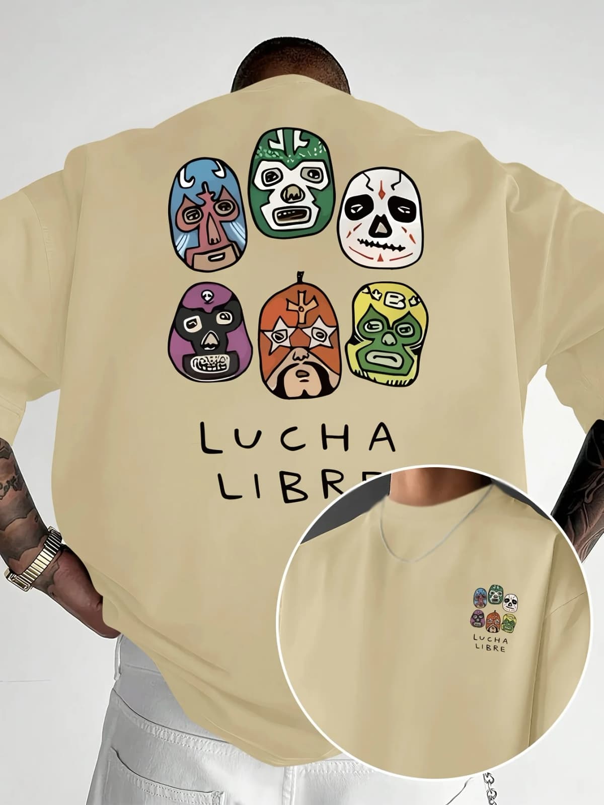 Men's casual short sleeved T-shirt - Mexican wrestling mask, "Lucha Libre" double-sided printed men's fashion trend T-shirt