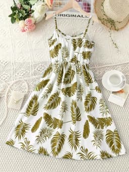 Girl's Summer Leaf Print Sleeveless Jumpsuit - Casual Stretch Polyester Blend, Off Shoulder Design, Knee Length, Beach Skirt