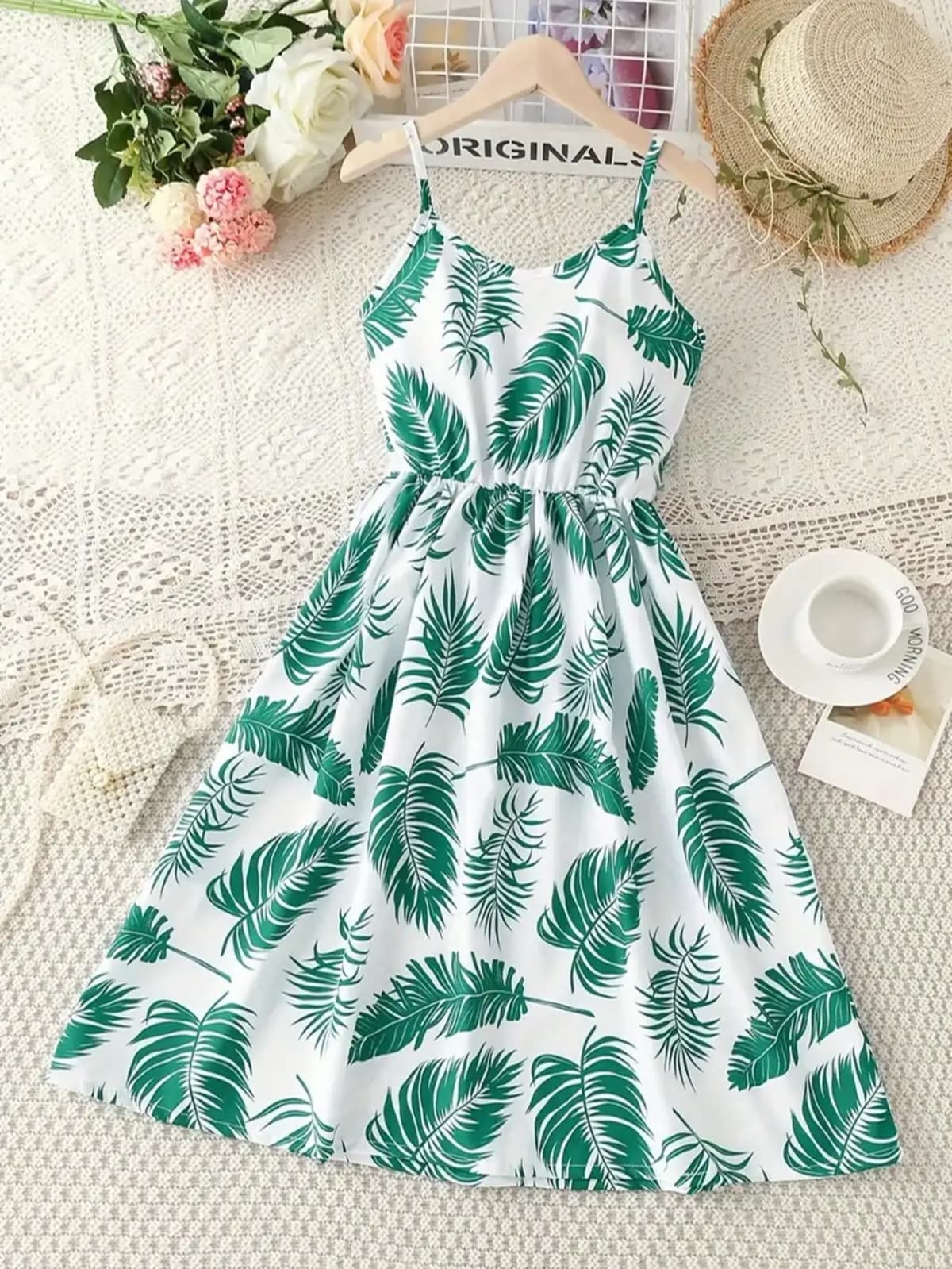 Girl's Summer Leaf Print Sleeveless Jumpsuit - Casual Stretch Polyester Blend, Off Shoulder Design, Knee Length, Beach Skirt