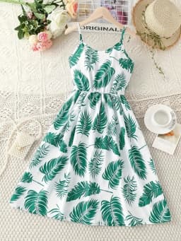 Girl's Summer Leaf Print Sleeveless Jumpsuit - Casual Stretch Polyester Blend, Off Shoulder Design, Knee Length, Beach Skirt
