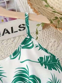 Girl's Summer Leaf Print Sleeveless Jumpsuit - Casual Stretch Polyester Blend, Off Shoulder Design, Knee Length, Beach Skirt
