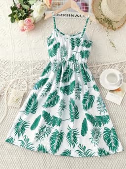 Girl's Summer Leaf Print Sleeveless Jumpsuit - Casual Stretch Polyester Blend, Off Shoulder Design, Knee Length, Beach Skirt