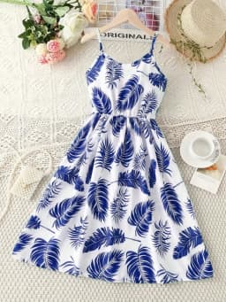 Girl's Summer Leaf Print Sleeveless Jumpsuit - Casual Stretch Polyester Blend, Off Shoulder Design, Knee Length, Beach Skirt