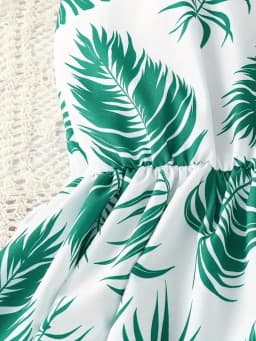 Girl's Summer Leaf Print Sleeveless Jumpsuit - Casual Stretch Polyester Blend, Off Shoulder Design, Knee Length, Beach Skirt