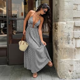 2026 Summer New Style Deep V-neck Striped Beach Dress, Sexy Backless Sleeveless Neckline Long Dress