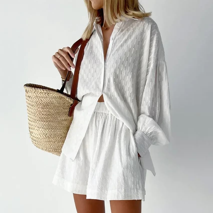 2026 Fashion Trend Plain Color Jacquard Bubble Sleeve Shirt with Shorts Commuter Casual Suit for Women
