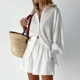 2026 Fashion Trend Plain Color Jacquard Bubble Sleeve Shirt with Shorts Commuter Casual Suit for Women