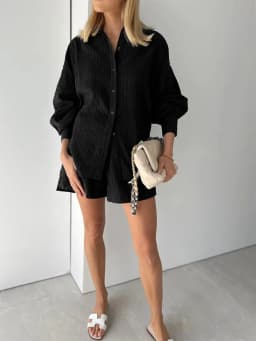 2026 Fashion Trend Plain Color Jacquard Bubble Sleeve Shirt with Shorts Commuter Casual Suit for Women