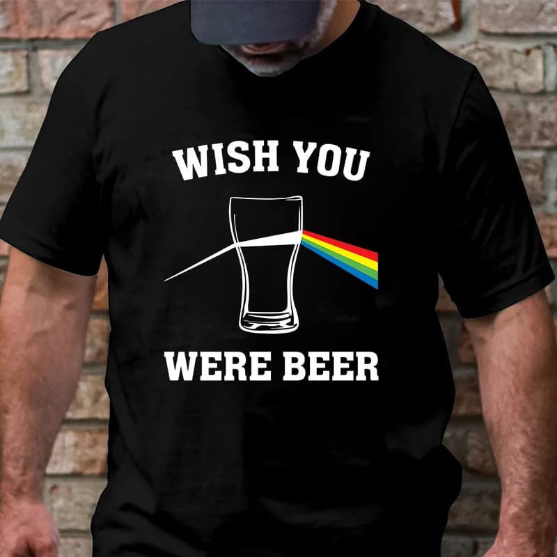 Men's Funny T-Shirt 'Wish You Were Beer', Rainbow Prism Beer Glass Print Tee, Summer Short Sleeve Y2k Tops for Drinking Party