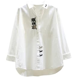 Spring and Autumn New Cute Cat Embroidery Pure Cotton Breathable Shirt for Women, Korean Style Casual Age-Reducing Versatile Student Layered Long-Sleeve White Shirt Top