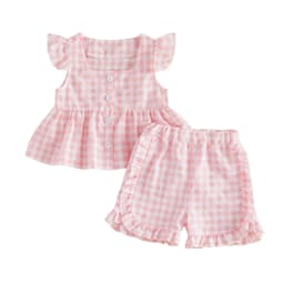 0-4Y Toddler Girls Plaid Outfits Summer Fly Sleeve Square Neck Tops Elastic Waist Shorts Baby Girls Retro Casual 2Pcs Sets