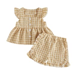 0-4Y Toddler Girls Plaid Outfits Summer Fly Sleeve Square Neck Tops Elastic Waist Shorts Baby Girls Retro Casual 2Pcs Sets