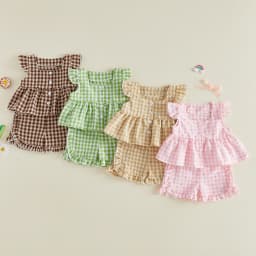 0-4Y Toddler Girls Plaid Outfits Summer Fly Sleeve Square Neck Tops Elastic Waist Shorts Baby Girls Retro Casual 2Pcs Sets