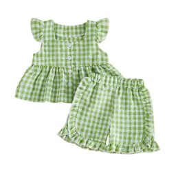 0-4Y Toddler Girls Plaid Outfits Summer Fly Sleeve Square Neck Tops Elastic Waist Shorts Baby Girls Retro Casual 2Pcs Sets
