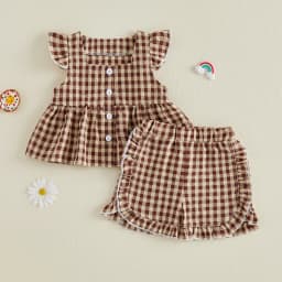 0-4Y Toddler Girls Plaid Outfits Summer Fly Sleeve Square Neck Tops Elastic Waist Shorts Baby Girls Retro Casual 2Pcs Sets