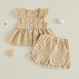 0-4Y Toddler Girls Plaid Outfits Summer Fly Sleeve Square Neck Tops Elastic Waist Shorts Baby Girls Retro Casual 2Pcs Sets