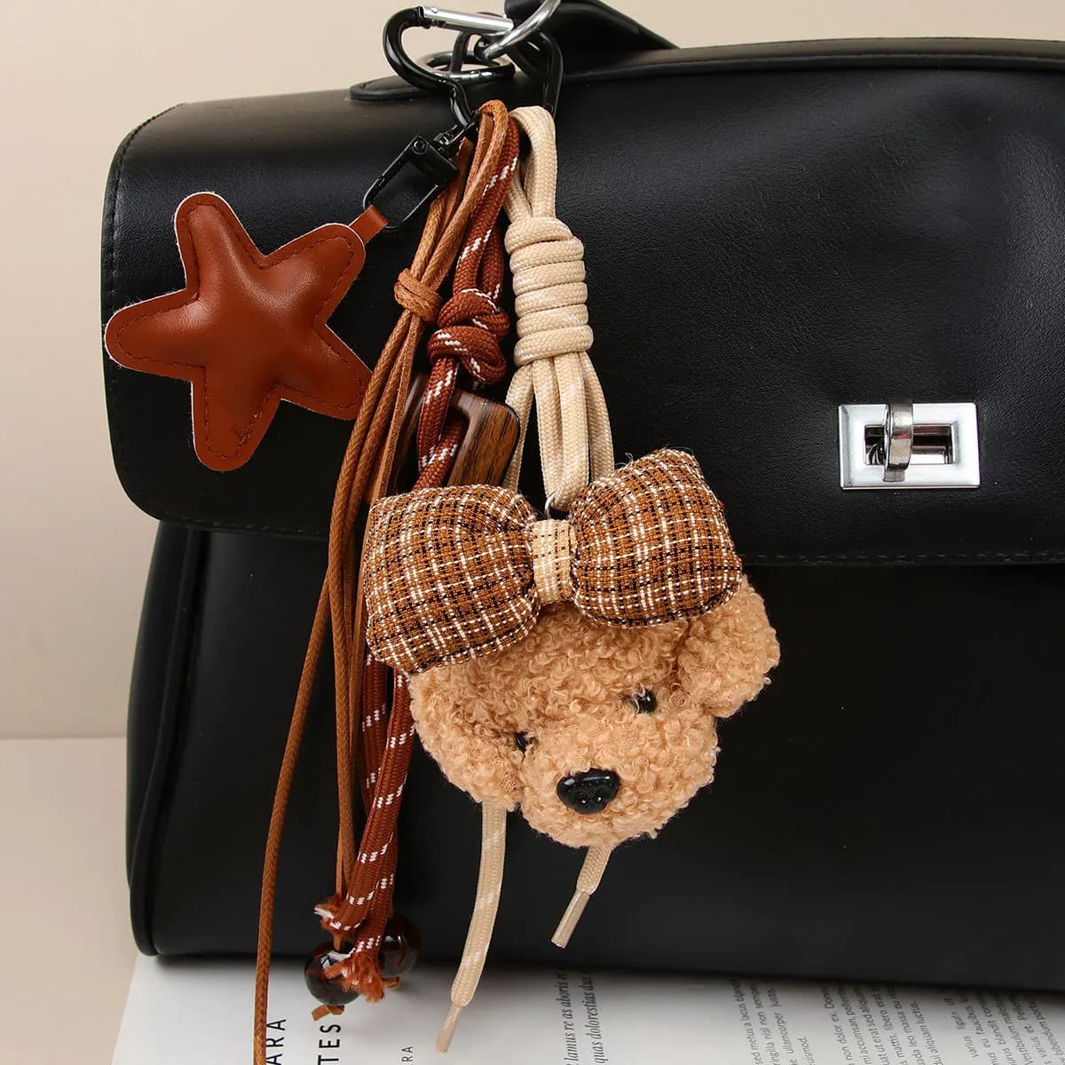 Cute Bowknot Plush Little Dog Pendant Keychain Five Pointed Star Woven Rope Design Bag Hanging Piece INS Style Accessories Gift