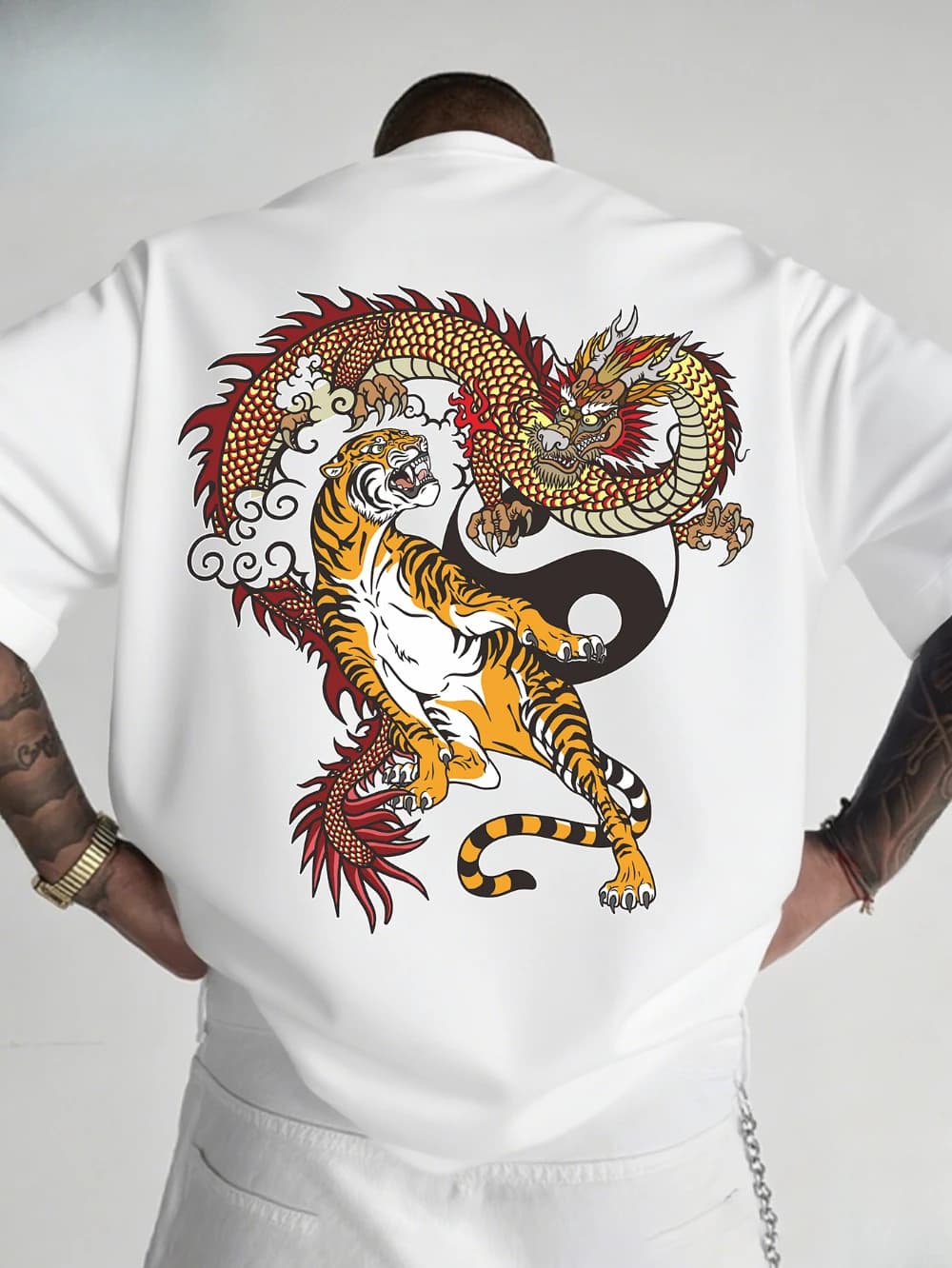 Men's T-Shirt with "Dragon and Tiger" Heat Transfer Print Round Neck Machine Washable Urban Fashion Trendy Top