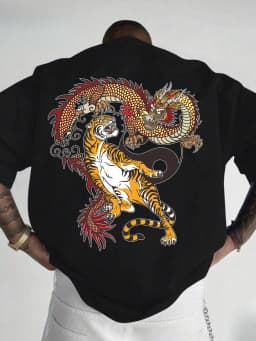 Men's T-Shirt with "Dragon and Tiger" Heat Transfer Print Round Neck Machine Washable Urban Fashion Trendy Top