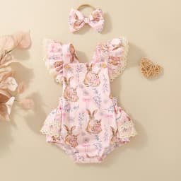 Summer female infants hot-selling cute rabbit flower print triangular jersey skirt + bow headgear two-piece set