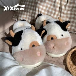 XIXITIAO Warm Cow Slippers for Women Cartoon Cute Plush Soft Thick-Soled Indoor Slippers Winter Home Couples Shoes Surprise Gift