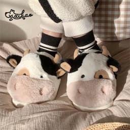 XIXITIAO Warm Cow Slippers for Women Cartoon Cute Plush Soft Thick-Soled Indoor Slippers Winter Home Couples Shoes Surprise Gift