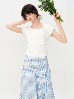 FSLE 2026 Summer Women's Square Neck Regular Shoulder Short Sleeve T-Shirt - K-Style Inspired Cotton Blend Stretch Fitted Cut