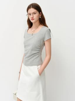 FSLE 2026 Summer Women's Square Neck Regular Shoulder Short Sleeve T-Shirt - K-Style Inspired Cotton Blend Stretch Fitted Cut