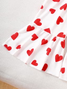 Baby Girl's Heart-Printed Flared Jumpsuit with Big Red Bow Shoulder Straps, Sweet Valentine's Day Princess-Style Summer Outfit