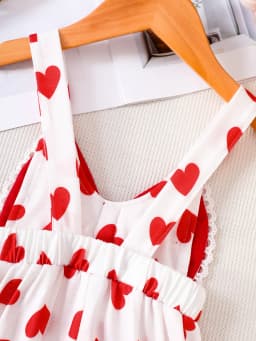 Baby Girl's Heart-Printed Flared Jumpsuit with Big Red Bow Shoulder Straps, Sweet Valentine's Day Princess-Style Summer Outfit