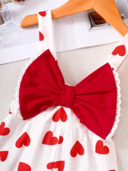 Baby Girl's Heart-Printed Flared Jumpsuit with Big Red Bow Shoulder Straps, Sweet Valentine's Day Princess-Style Summer Outfit