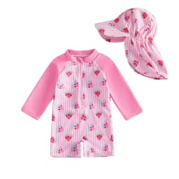 0-24M Baby Rash Guard Swimsuit with Hat 2 Pcs Set Bee/Watermelon/Sailboat Print Striped Zip Up Long Sleeve Rompers Swimwears