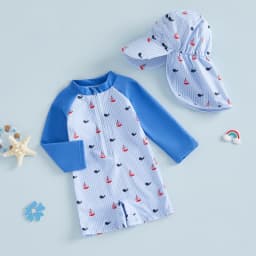 0-24M Baby Rash Guard Swimsuit with Hat 2 Pcs Set Bee/Watermelon/Sailboat Print Striped Zip Up Long Sleeve Rompers Swimwears