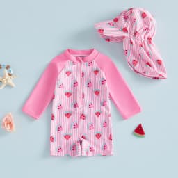 0-24M Baby Rash Guard Swimsuit with Hat 2 Pcs Set Bee/Watermelon/Sailboat Print Striped Zip Up Long Sleeve Rompers Swimwears