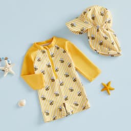 0-24M Baby Rash Guard Swimsuit with Hat 2 Pcs Set Bee/Watermelon/Sailboat Print Striped Zip Up Long Sleeve Rompers Swimwears