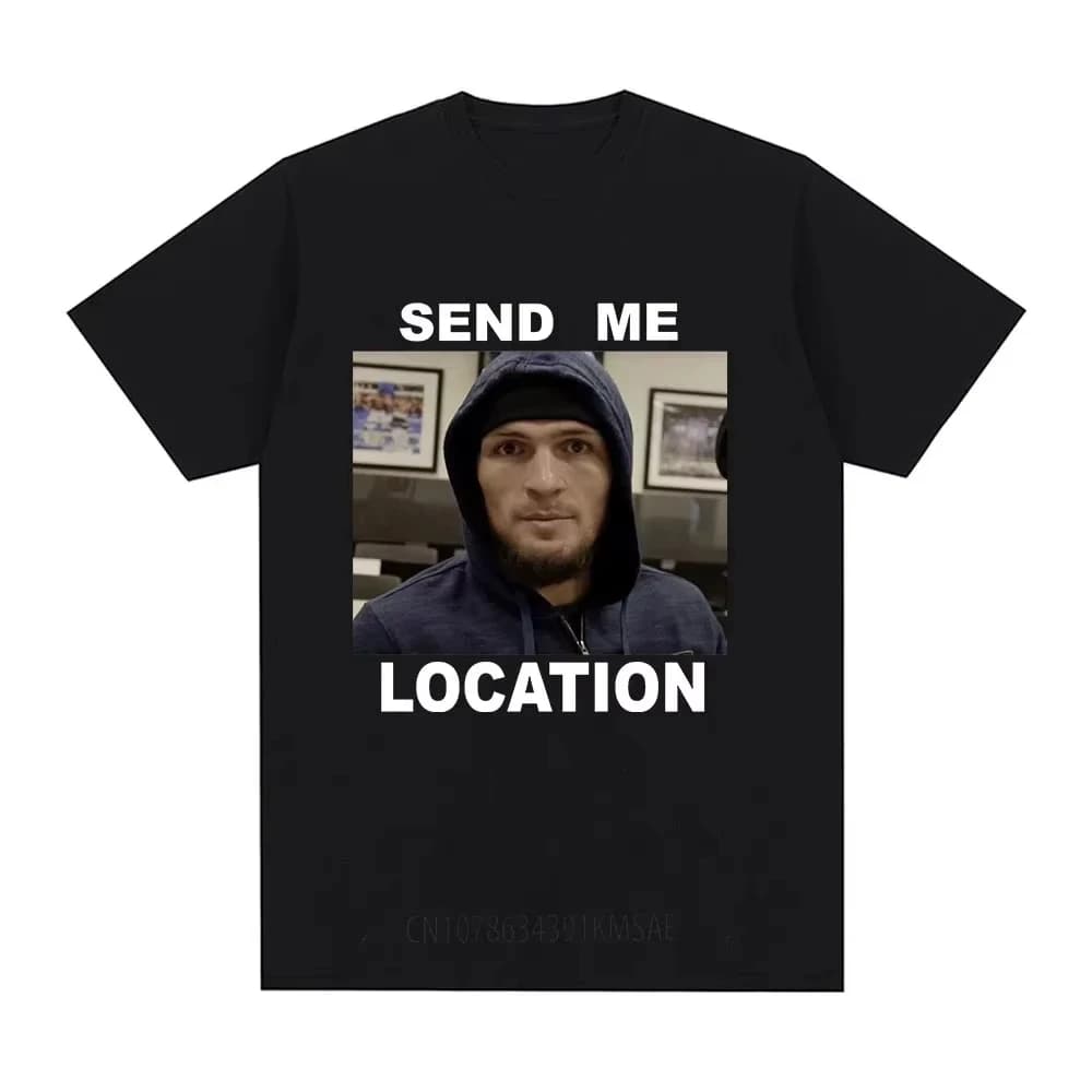 Khabib Send Me Location graphic T-shirt, stylish Harajuku-style short-sleeved T-shirt, hip-hop retro pure cotton loose T-shirt,