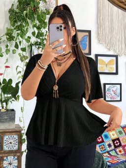 Plus Size Ribbed Knit Tops Deep V Neck Flutter Sleeve Peplum Blouse Curved Hem Casual Tops