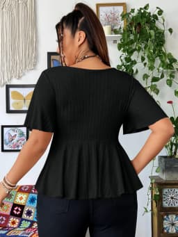 Plus Size Ribbed Knit Tops Deep V Neck Flutter Sleeve Peplum Blouse Curved Hem Casual Tops
