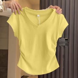 Summer Women's Short Sleeved T-shirt Solid Color Slim Fit V-neck Lightweight and Slimming Casual Versatile Basic Women's Top