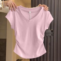 Summer Women's Short Sleeved T-shirt Solid Color Slim Fit V-neck Lightweight and Slimming Casual Versatile Basic Women's Top
