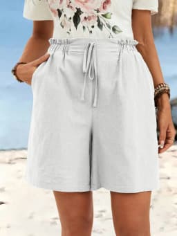 Women's spring and summer linen solid color shorts casual sports women's shorts three-quarter pants with drawstring shorts