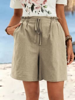 Women's spring and summer linen solid color shorts casual sports women's shorts three-quarter pants with drawstring shorts